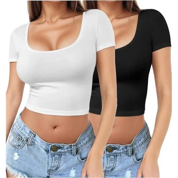 COVERNATのCrease Effect T-Shirt 全2色 Tops | 2 Piece Womens Square Neck Short Sleeve Crop Top Y2k